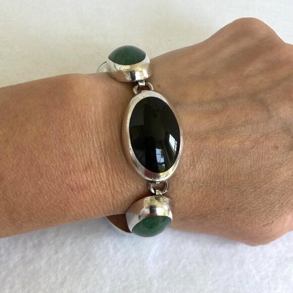 VTG Sterling Silver 925 Taxco Mexico Chunky Multi Gemstone Oval Link Bracelet - Picture 1 of 16